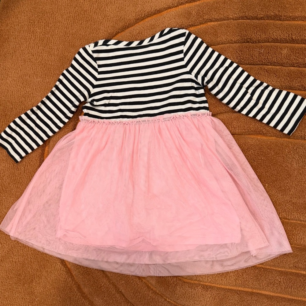 Hanna Andersson Black and White Striped Top with Pink Tulle Skirt Dress